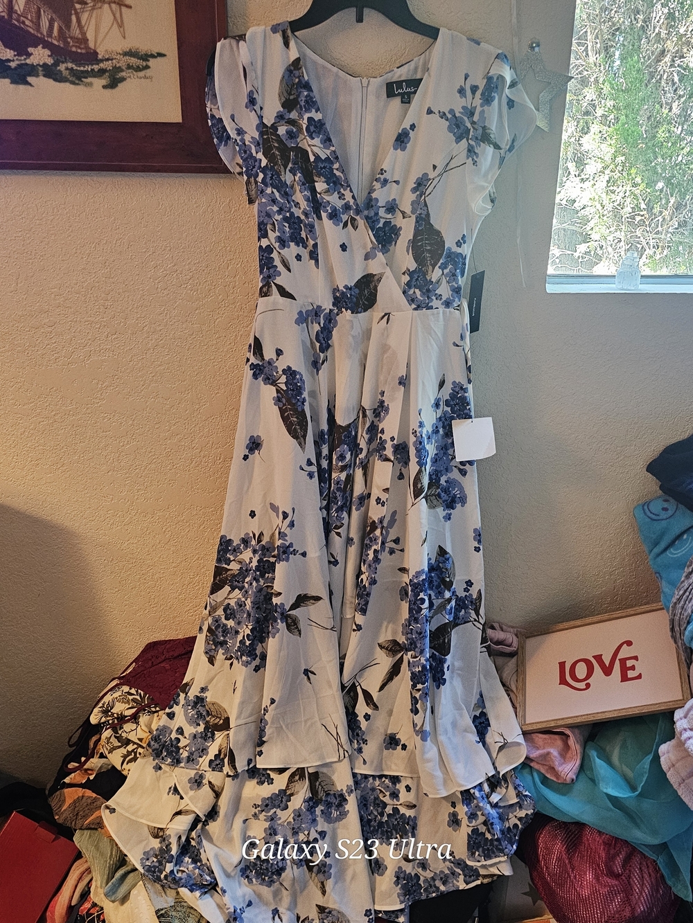 Lulu's White Maxi Dress with Blue Floral Print